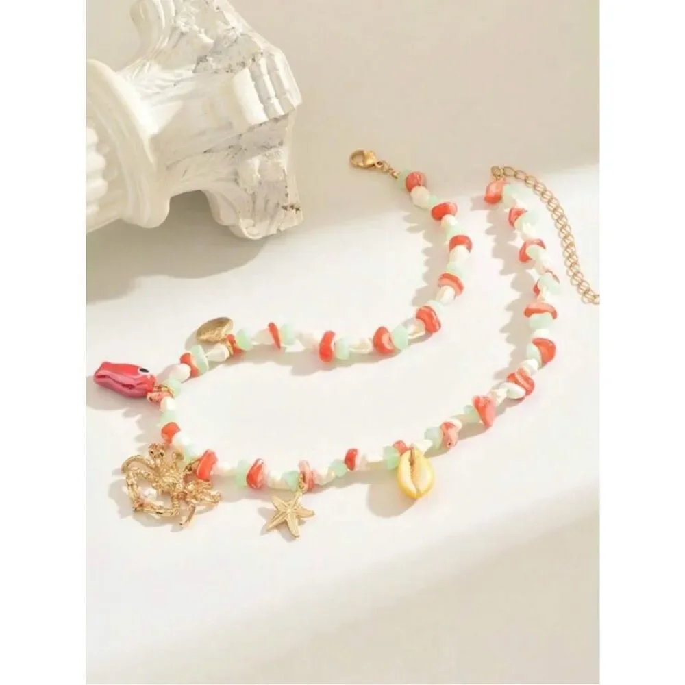 Gold Crab Charm Beaded Necklace A1902